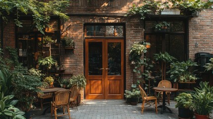 Fototapeta premium Coffee shop entrance with a wooden door and brick wall, surrounded by plants and outdoor seating. The perfect spot to enjoy a sunny