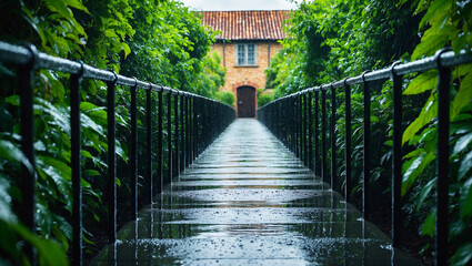 Fototapeta premium Rain-Soaked Path Leading to a Quaint House, Framed by Lush Greenery and Reflective Wet Surface