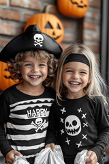 Fototapeta premium photo portrait enfants halloween déguisement, pirate, noir et blanc, citrouilles, sourires