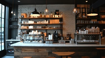 Elegant cafe with a mix of wood accents, sleek marble counters, and industrial-style lighting, perfectly blending modern and rustic styles.