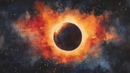 Surreal watercolor eclipse, with the moon casting a shadow over a fiery sun, creating a ring of light and a glowing corona against a dark space background