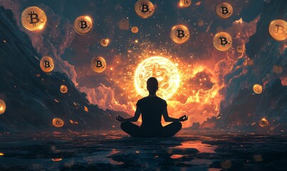 Person meditating with Bitcoin raining down.