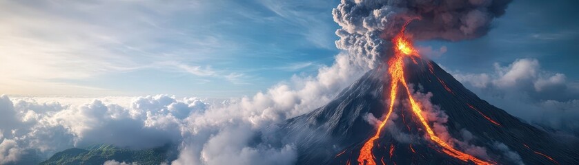 Fototapeta premium Volcanic eruption with lava flowing down a mountain, ash clouds filling the sky, glowing molten rock, intense heat, photorealistic, high contrast