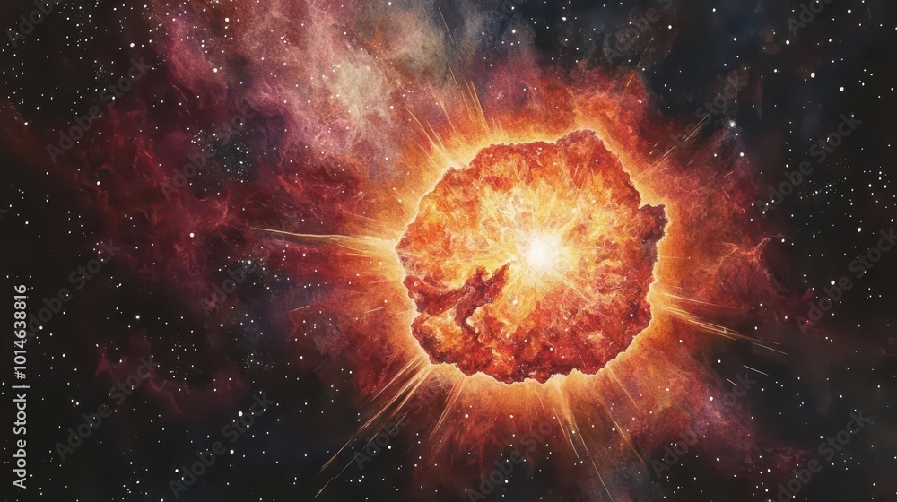 Aufkleber watercolor of a giant red supernova exploding, releasing waves of light and cosmic dust in shades of