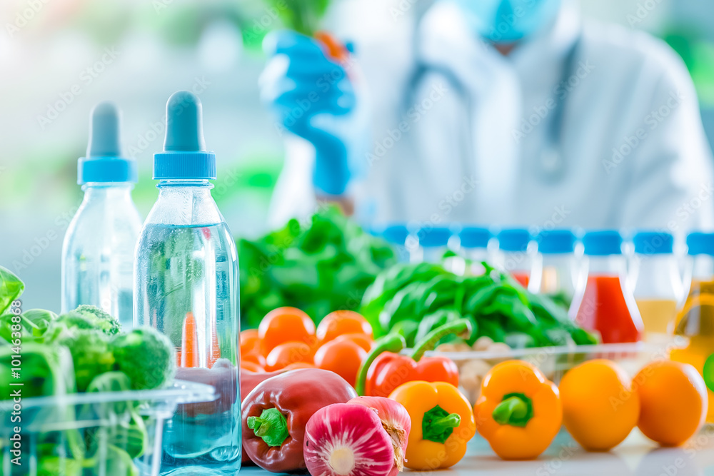 Poster a healthcare professional dressed in a lab coat and gloves studies an array of fresh vegetables and 