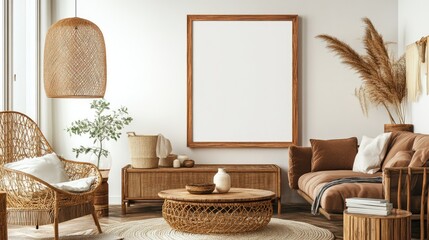 Interior of a stylish room with brown sofa, rattan armchair, wooden coffee tables, personal accessories, and a large blank poster frame for customization. Warm, earthy tones.