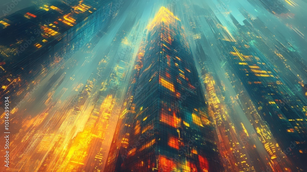Poster futuristic skyscraper depicted in double exposure, blending with dynamic neon lights and abstract ur