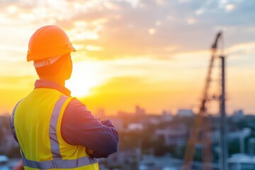Worker standing with arms crossed, gazing at their completed work, sunset in the background, proud expression, detailed realism, muted colors