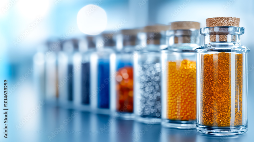 Aufkleber a row of glass vials filled with colorful powders and beads is neatly arranged on a laboratory table