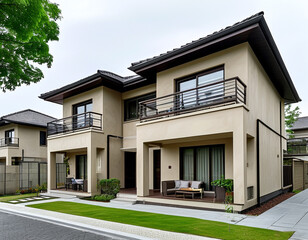 A two-story duplex with beige stucco walls and dark wood accents, set in a quiet residential neighborhood. 