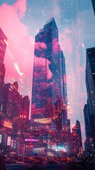 Futuristic skyscraper shown through a double exposure effect, merging with cityscapes and dynamic neon colors.