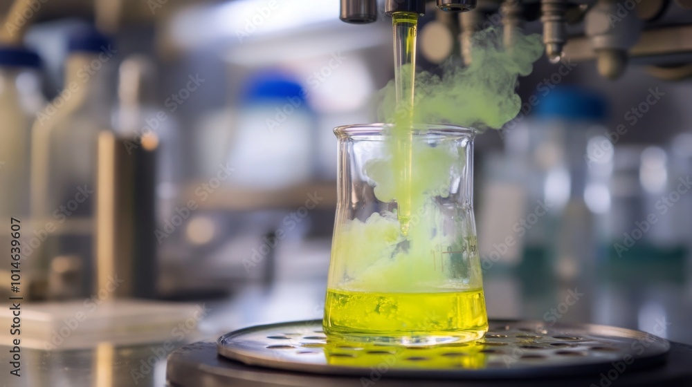 Poster A bright green liquid is being poured into a laboratory beaker filled with bubbling substances. The setting is a modern lab equipped with various scientific instruments.