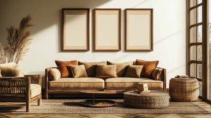 Warm and elegant living room with a brown sofa, a rattan armchair, wooden coffee tables, and personal accessories, with a mock-up poster frame on the wall.