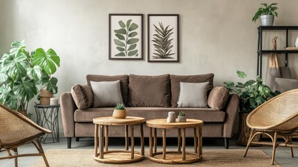 Warm and elegant living room with a brown sofa, a rattan armchair, wooden coffee tables, and personal accessories, with a mock-up poster frame on the wall.