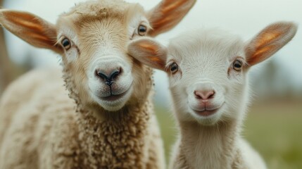 Obraz premium Two Adorable Sheep Standing Close Together in a Pastoral Setting, AI