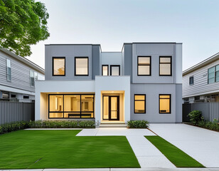 A modest duplex with side-by-side entrances located on opposite ends of the building, providing extra privacy for each unit.