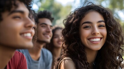 Fototapeta premium A Close-Up Portrait of a Smiling Young Woman with Curly Hair