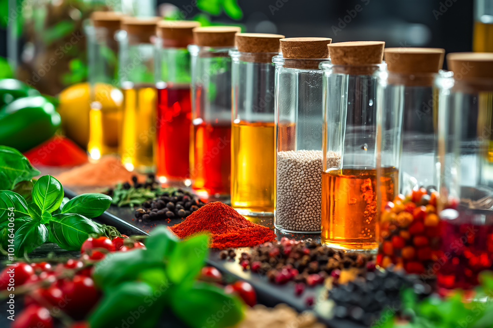 Poster an array of vibrant spices and oils is displayed in glass bottles on a kitchen counter, alongside fr