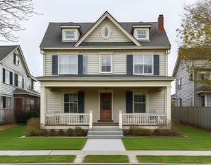 A traditional two-story duplex with a shared, covered front porch running the length of the building. The exterior is painted in soft beige, with white trim around the windows and doors.