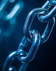 Close-up of a shiny metal chain link against a blue background, symbolizing strength and connection in industrial design.