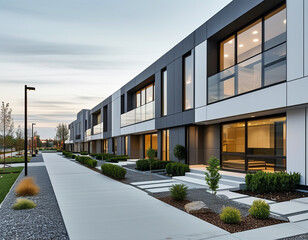 A modern duplex with a simple, sleek exterior design, featuring clean lines and neutral tones of gray and white.