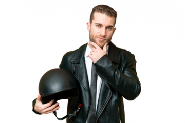 Business man with a motorcycle helmet over isolated chroma key background thinking