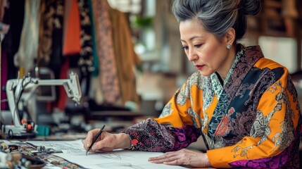 Fototapeta premium Elegant Japanese Designer Sketching Fashion Concepts