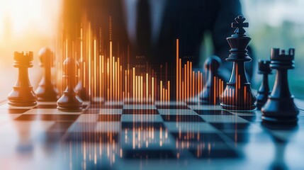 Chessboard with scattered financial graphs close up, focus on, copy space, vibrant shades for clarity, double exposure silhouette with business strategy meeting