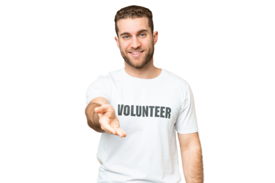 Young volunteer man over isolated chroma key background shaking hands for closing a good deal