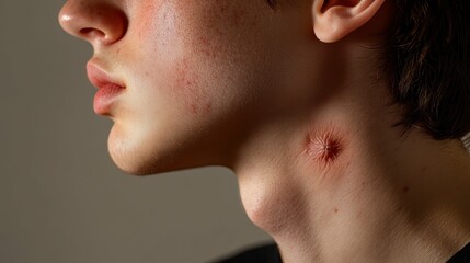 Obraz premium Uncomfortable Insect Bite on Person's Swollen Neck - Health Issue Concept with Painful Bruising Detail