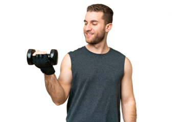 Young sport man making weightlifting over isolated chroma key background with happy expression