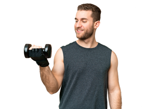 Young sport man making weightlifting over isolated chroma key background with happy expression