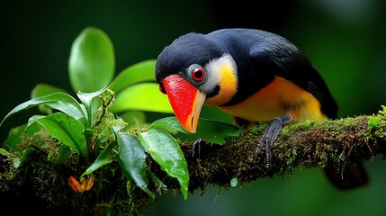 Red-billed hornbill, red-billed toucan, black and yellow billed hornbill: colorful birds with exotic beaks, perched on branches in the wild