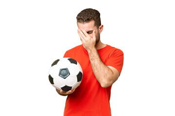 Handsome young football player man over isolated chroma key background with tired and sick expression