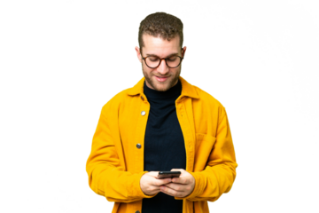 Young handsome blonde man over isolated chroma key background sending a message with the mobile