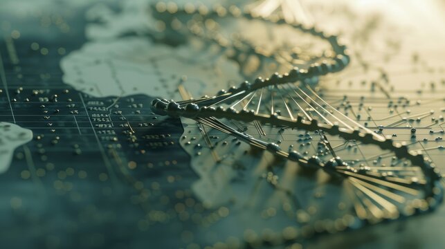 A metallic DNA strand overlays a world map, symbolizing the intersection of science and global unity, highlighted by golden hues and intricate design.