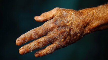 Detailed close-up of a person's hand displaying symptoms of psoriasis, with raised scaly lesions