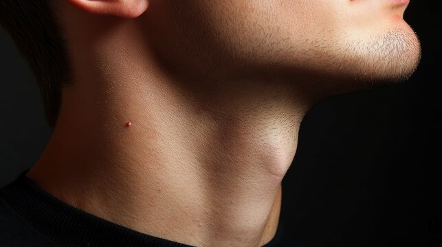 Side profile view of a person's neck, revealing the painful-looking swelling and bruising of a recent insect bite