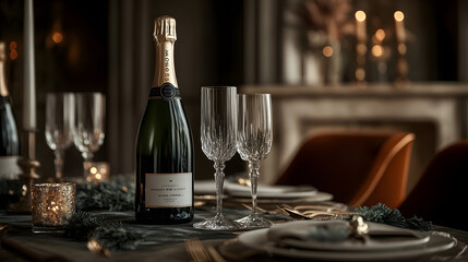 Champagne Bottle and Glasses on Elegant Table Setting with Candlelight
