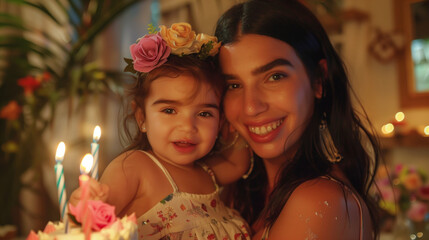 A mother and child celebrating birthday, smiling holding her daughter in front of birthday cake with candles on it,