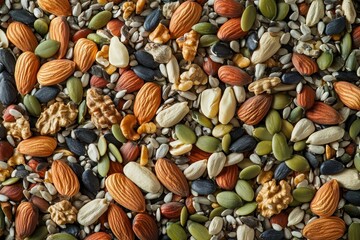 Artfully scattered assortment of various nuts and seeds - almonds, walnuts, pumpkin seeds, and sunflower seeds