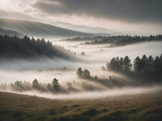 Fototapeta premium A soft, overcast sky with rolling fog moving across the landscape, creating a mysterious, dreamy atmosphere with light breaking through in soft beams