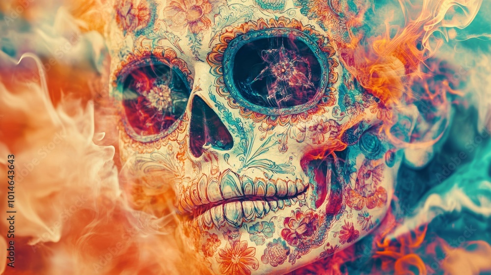 Poster intricate representation of day of the dead in double exposure style with vivid and abstract pattern