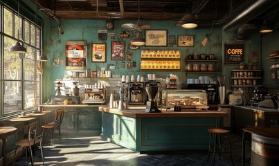 Vintage cafe interior with coffee machines and rustic furniture.