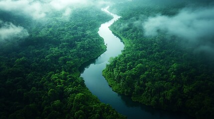 Stunning aerial perspective of the Amazon River, surrounded by dense rainforest and vibrant greenery in a misty setting.