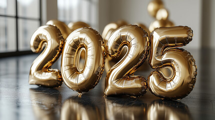 Golden 2025 balloons reflecting on shiny surface with copy space