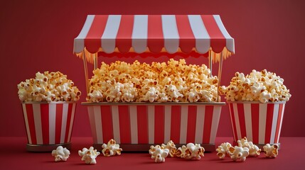3D Render of Popcorn Stand with Red and White Striped Canopy - Cinema Snacks, Movie Theater Concessions, Food Cart, Movie Night, Snack Bar, Popcorn Bucket, Red Background