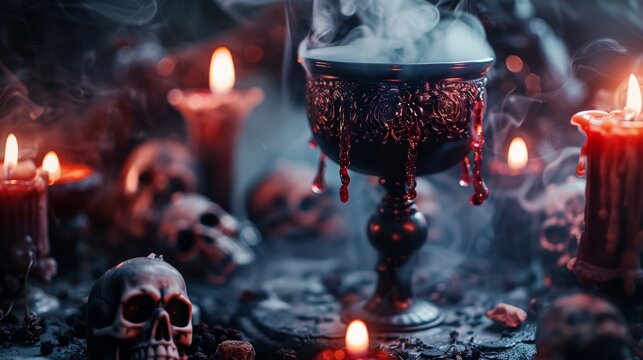 A mystical atmosphere surrounds an ornate goblet, as glowing candles and skulls create an eerie, otherworldly scene with ethereal smoke curling upwards.