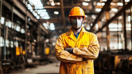 An employee in a protective suit and helmet standing in a metallurgical workshop, smiling confidently with arms crossed, looking directly at the camera. Copy space included.
