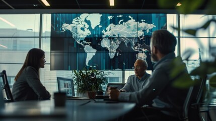 Engaged professionals seated in a modern conference room analyzing a large digital world map, emphasizing global collaboration.